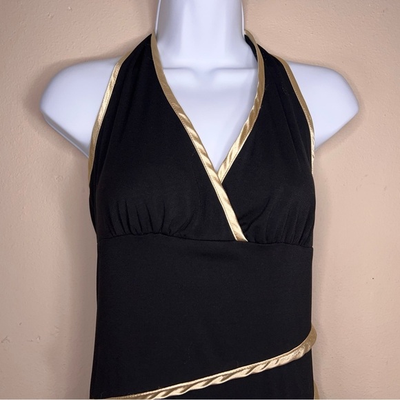 Large Juniors Vintage Y2K La Belle Dress Black Gold Satin Halter Layered Retro - Picture 5 of 13